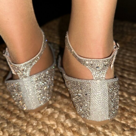 New Bling Silver Rhinestone Embellished Ankle Strap Ballet Flat Shoes Ballerina - Picture 4 of 10